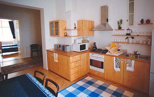 
Kitchen of the Olivova apartment, an apartment in Prague. Olivova, an apartment offered by Prague Accommodations, is near to Prague’s Wenceslas Square.