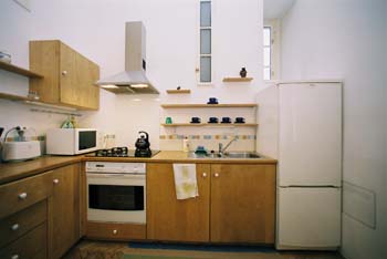 
Kitchen of the Olivova apartment, an apartment in Prague. Olivova, an apartment offered by Prague Accommodations, is near to Prague’s Wenceslas Square.