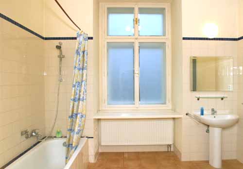 
Main bathroom of the Olivova apartment, an apartment in Prague. Olivova, an apartment offered by Prague Accommodations, is near to Prague’s Wenceslas Square.