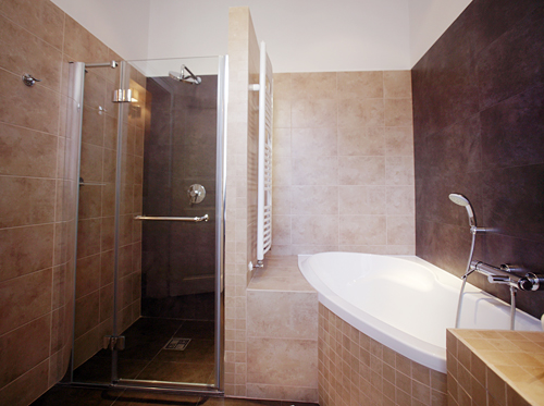 
Bathroom featuring sink and shower in Spanelska 2 apartment accommodation.  Prague Hotel apartment accomodation is offered  by accommodation in Prague and apartments in Prague. This short-term apartment lodging Accomodation is close to Prague’s Wenceslas Square and Muzeum and is in Stare Mesto and is offered by apartments in Prague