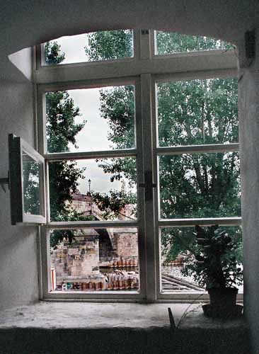 
View from stairwell from Kampa Apartment building where Kampa Apartment, an apartment in Prague is located. Kampa, an apartment offered by Apartments in Prague, is close to Prague’s Charles Bridge and Malostranske Namesti.