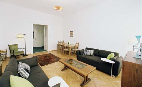 
The living room in Spanelska apartment. Spanelska, an apartment offered by Prague Accommodations, is near to Prague’s Wenceslas Square and the main train station.