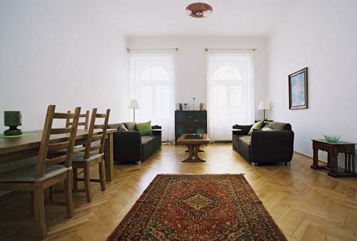 
The living room in Spanelska apartment. Spanelska, an apartment offered by Prague Accommodations, is near to Prague’s Wenceslas Square and the main train station.
