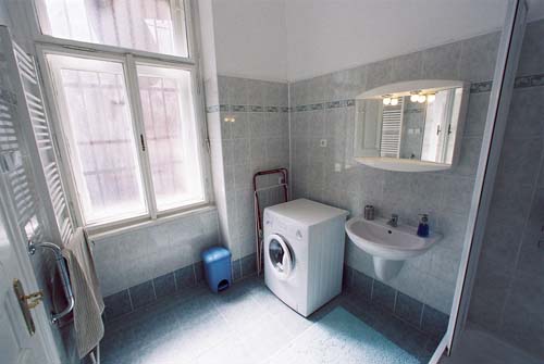
The main bathroom in Spanelska apartment. Spanelska, an apartment offered by Prague Accommodations, is near to Prague’s Wenceslas Square and the main train station.