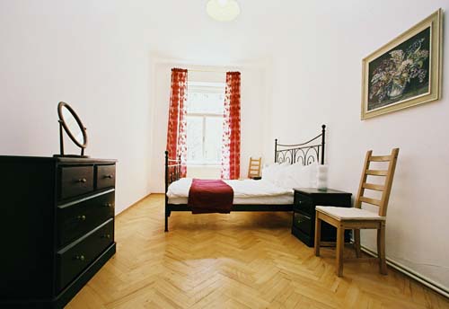 
The master bedroom in Spanelska apartment. Spanelska, an apartment offered by Prague Accommodations, is near to Prague’s Wenceslas Square and the main train station.