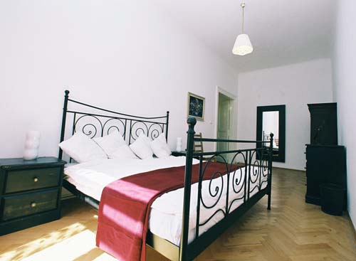 
The master bedroom in Spanelska apartment. Spanelska, an apartment offered by Prague Accommodations, is near to Prague’s Wenceslas Square and the main train station.