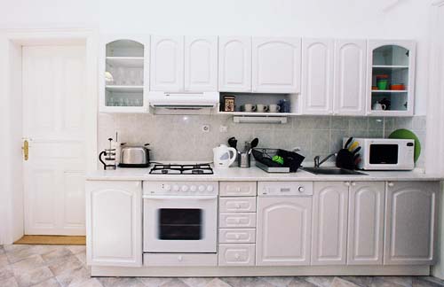 
The kitchen in Spanelska apartment. Spanelska, an apartment offered by Prague Accommodations, is near to Prague’s Wenceslas Square and the main train station.