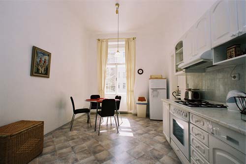 
The kitchen in Spanelska apartment. Spanelska, an apartment offered by Prague Accommodations, is near to Prague’s Wenceslas Square and the main train station.
