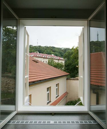 
View from the kitchen in Janska 7, appartament 5.  Prague Hotel apartment accommodation is offered  by accommodation in Prague. This short-term apartment rental Accomodation is close to Prague’s Charles Bridge and Malostranske Namesti is in Mala Strana