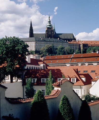 Prague Castle seen above red roofs of Mala Strana. Aparment. Accommodation in Prague offered by Prague Accommodations, apartments in Prague.